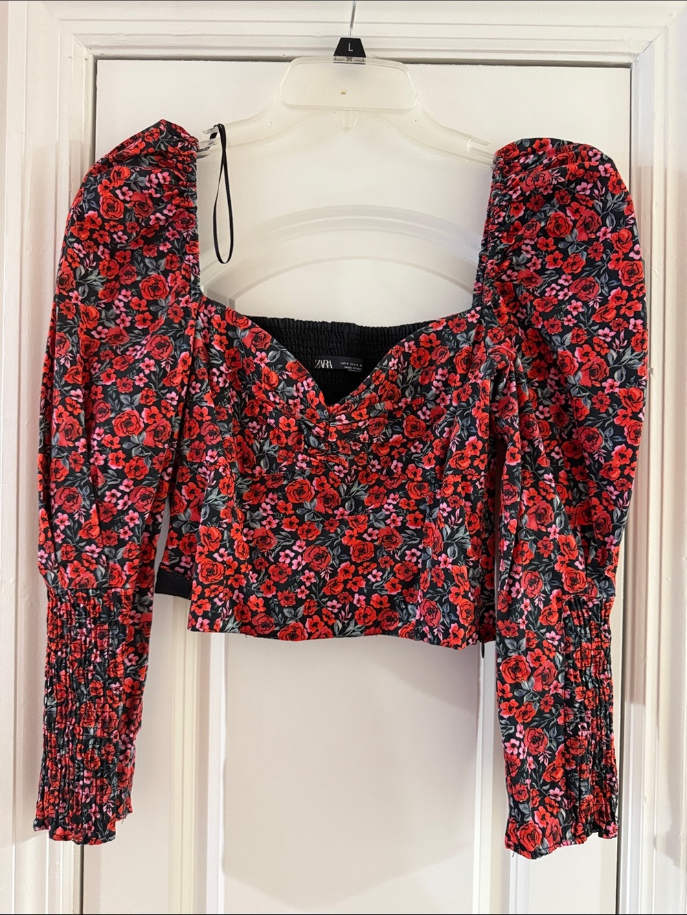 ZARA Black Crop Top with Red Floral Puff Sleeves